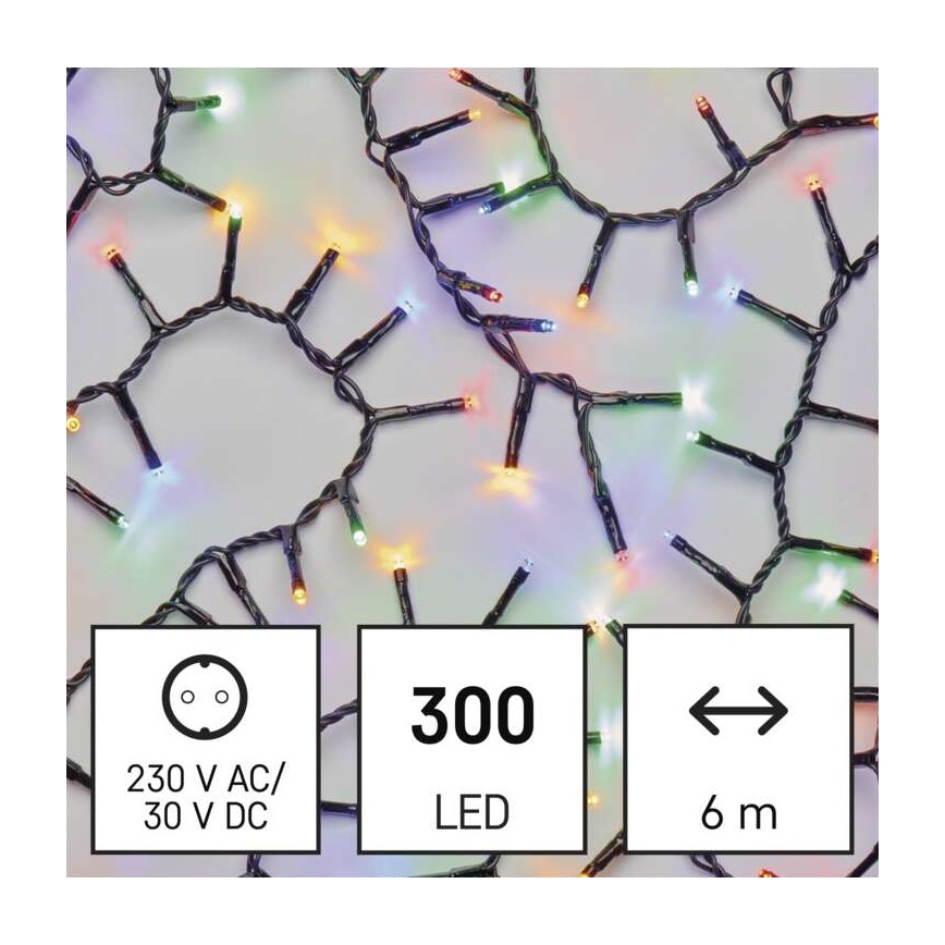 Svetelná reťaz s 300 LED diódami v rôznych farbách, dlhá 6 metrov, sa napája na 230 V AC/30 V DC.