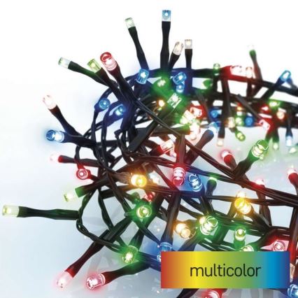 Elektrický svetelný veniec s mnohými farebnými LED diódami je zvinutý. Diódy svietia červenou, zelenou, modrou a žltou farbou. Na obrázku je text „multicolor“.