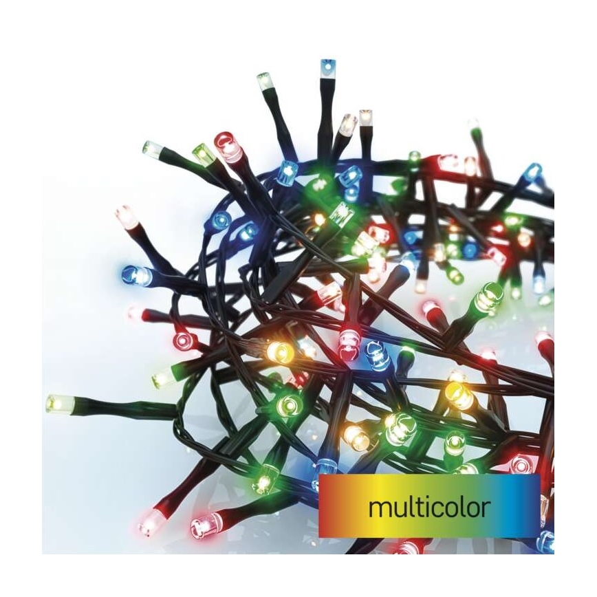 Elektrický svetelný veniec s mnohými farebnými LED diódami je zvinutý. Diódy svietia červenou, zelenou, modrou a žltou farbou. Na obrázku je text „multicolor“.