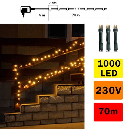 LED Vonkajšia svetelná reťaz 70m 1000xLED/230V teplá biela IP44