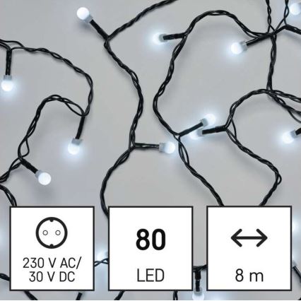 LED svetelný reťaz s 80 LED diódami, s bielym svetlom, dĺžkou 8 metrov, napájaný 230 V AC/30 V DC.