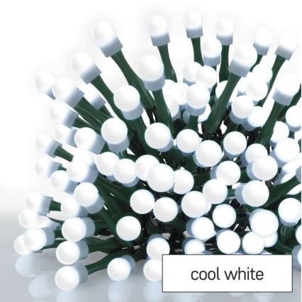 Svietiace LED diódy s bielym svetlom sú zhluknuté na tmavozelenom kábli. Text pod obrázkom označuje farbu svetla: „cool white“.