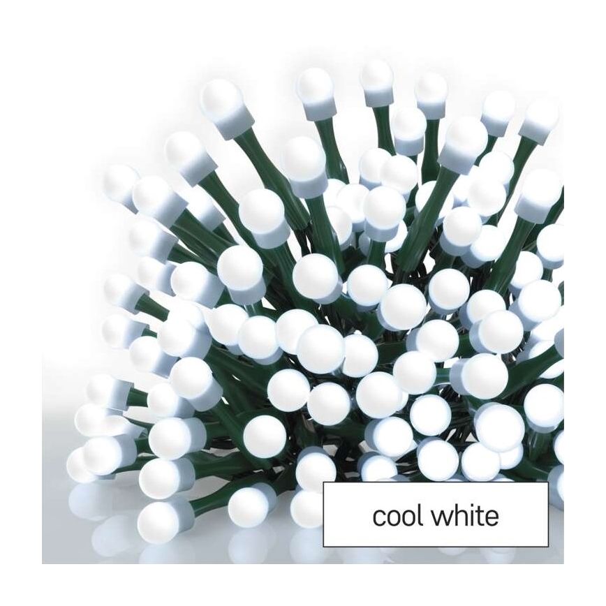 Svietiace LED diódy s bielym svetlom sú zhluknuté na tmavozelenom kábli. Text pod obrázkom označuje farbu svetla: „cool white“.