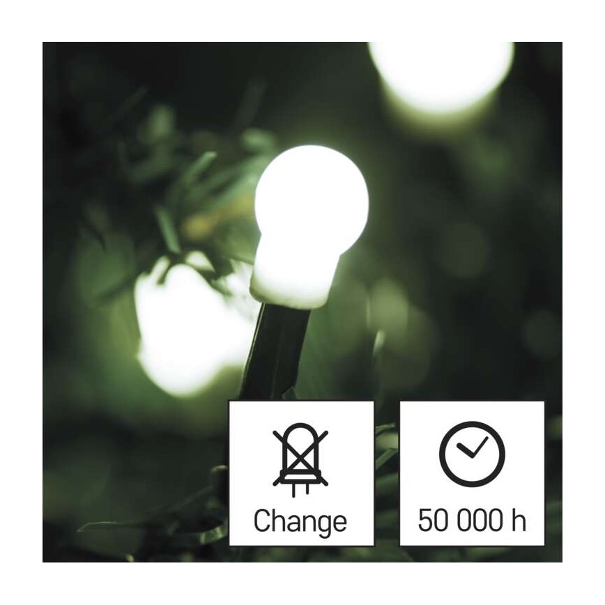 LED žiarovka svieti. Je pripevnená na vetvičke. Vedľa sú ďalšie rozmazané žiarovky. Text: Change, 50 000 h.