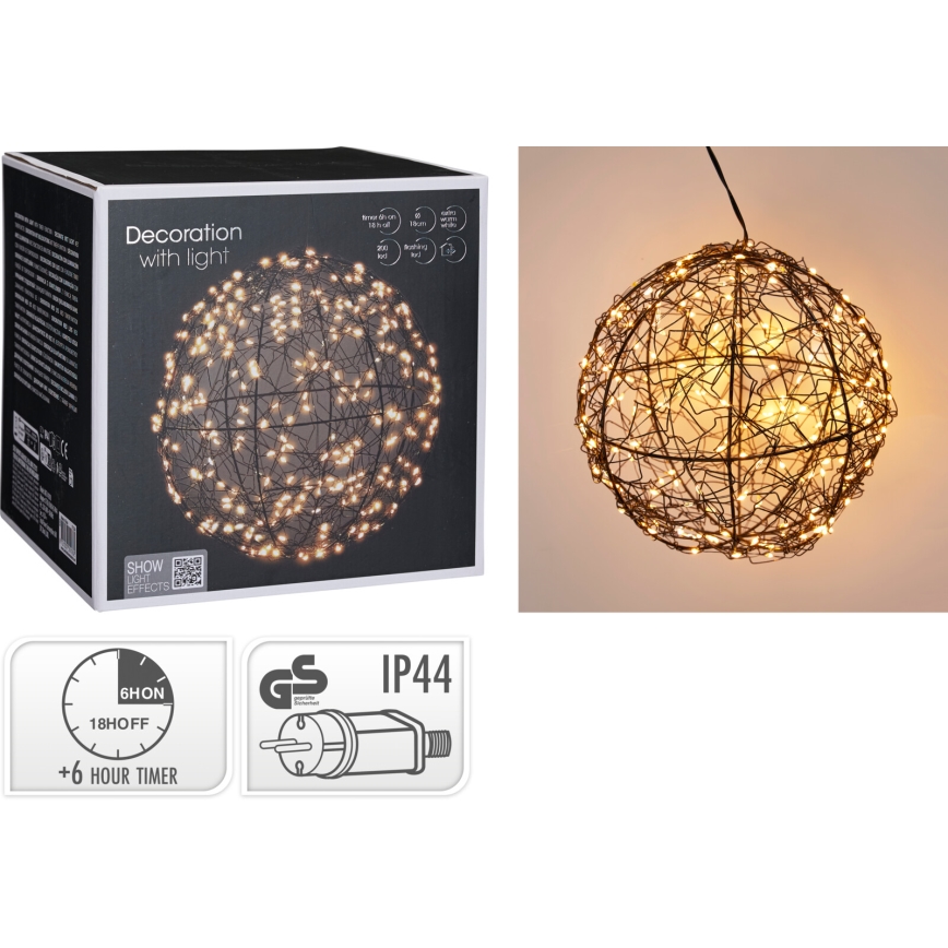 LED Vonkajšia vianočná dekorácia 200xLED/230V pr. 18 cm IP44 teplá biela guľa/čierna