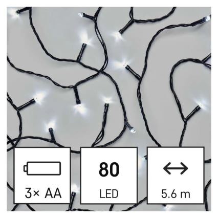 LED Vonkajšia vianočná reťaz 80xLED/3xAA 6,1m IP44 studená biela