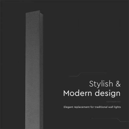 Štíhla vysoká lampa stojí na tmavom pozadí. Text: „Stylish & Modern design. Elegant replacement for traditional wall lights.“