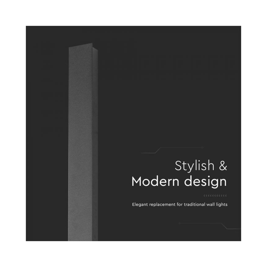 Svietidlo s vysokým a úzkym tvarom stojí na tmavom pozadí. Text hovorí: „Stylish & Modern design. Elegant replacement for traditional wall lights.“