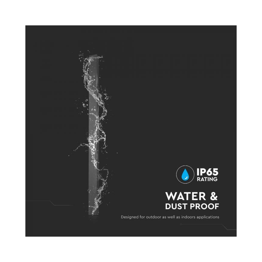 Štíhla, vysoká tyč je obklopená prúdmi vody. Na tmavom pozadí je text: IP65 RATING, WATER & DUST PROOF, Designed for outdoor as well as indoors applications.