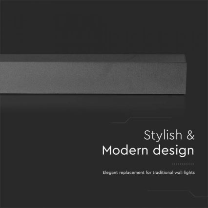 Dlhý, tmavosivý svietidlo leží na tmavom pozadí. Text pod ním znie: „Stylish & Modern design. Elegant replacement for traditional wall lights.“