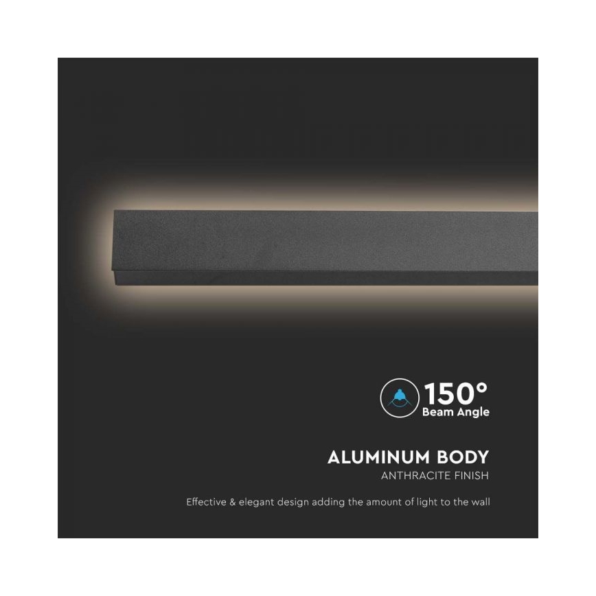 Dlhá, tmavosivá hliníková LED lišta s antracitovou úpravou svieti na stenu. Uhol lúča je 150°. Dizajn je efektívny a elegantný.