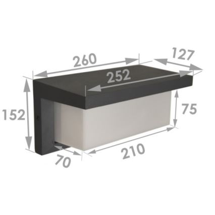Nástená lampa s rozmermi 260x252x152 mm (šírka x dĺžka x výška) a svetlom 210x75 mm (dĺžka x výška), je zobrazená s technickými rozmermi. Lampa je tmavosivá, s bielym difúzorom.
