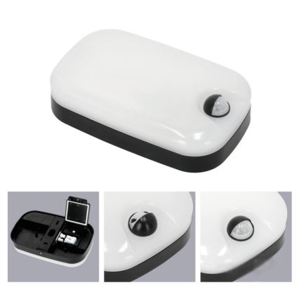 Senzorové svetlo s bielym vrchnákom a čiernym spodkom detekuje pohyb. Je obdĺžnikového tvaru a je zobrazené na bielom pozadí. Zobrazené sú aj detaily jeho vnútornej konštrukcie a senzoru.