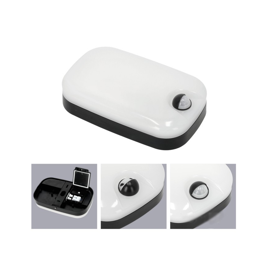 Senzorové svetlo s bielym vrchnákom a čiernym spodkom detekuje pohyb. Je obdĺžnikového tvaru a je zobrazené na bielom pozadí. Zobrazené sú aj detaily jeho vnútornej konštrukcie a senzoru.