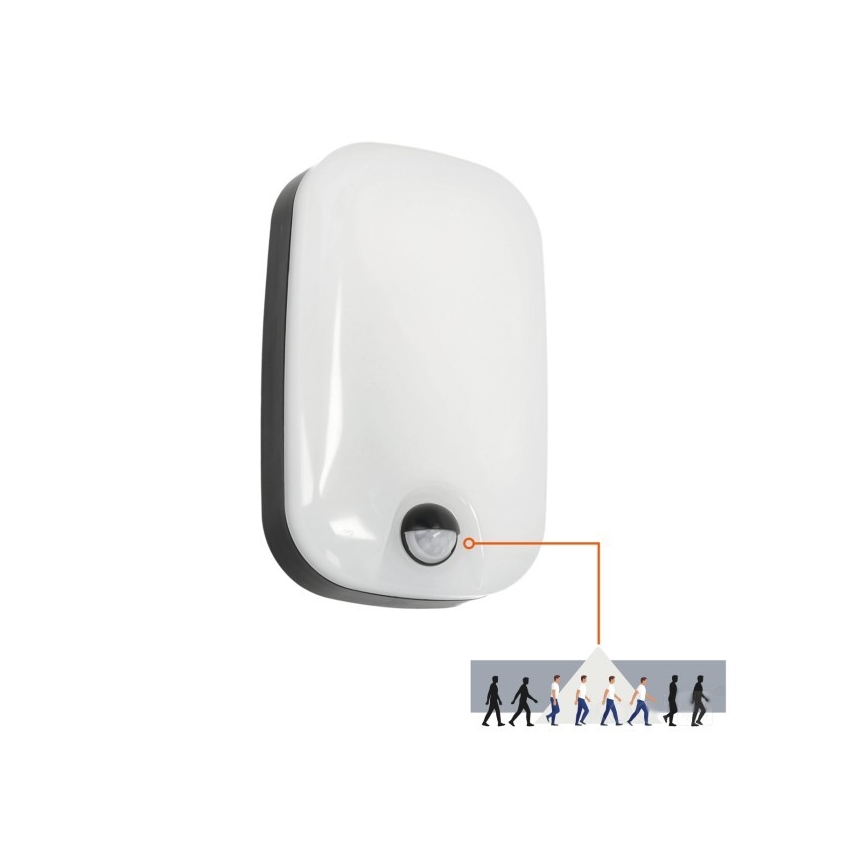 Senzorové nástenné svetlo detekuje pohyb. Svetlo je biele, obdĺžnikové s čiernym rámom. Zobrazenie znázorňuje detekčný rozsah senzoru v tvare kužeľa, v ktorom sa pohybujú siluety ľudí.
