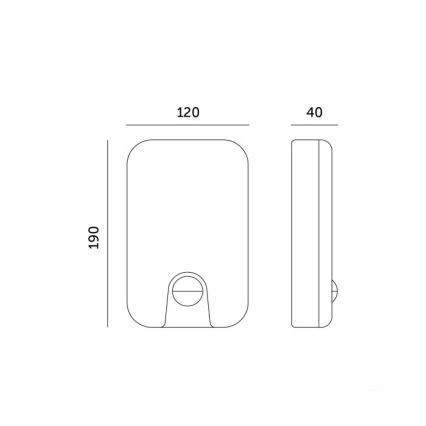 Nástené svietidlo s rozmermi 190 x 120 x 40 mm je zobrazené v čelnom a bočnom náčrte. Svietidlo má obdĺžnikový tvar s vybraním pre osvetlenie.