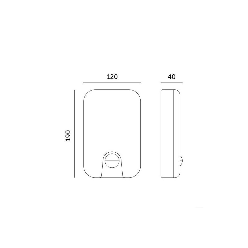 Nástené svietidlo s rozmermi 190 x 120 x 40 mm je zobrazené v čelnom a bočnom náčrte. Svietidlo má obdĺžnikový tvar s vybraním pre osvetlenie.