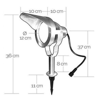 Záhradné svietidlo s tienidlom a kolíkom sa zapichuje do zeme. Má výšku 36 cm a priemer 12 cm. Dĺžka prívodného kábla je 37 cm.