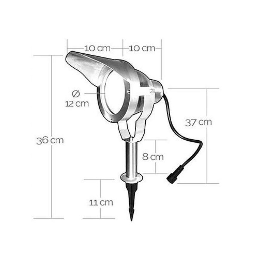 Záhradné svietidlo s tienidlom a kolíkom sa zapichuje do zeme. Má výšku 36 cm a priemer 12 cm. Dĺžka prívodného kábla je 37 cm.