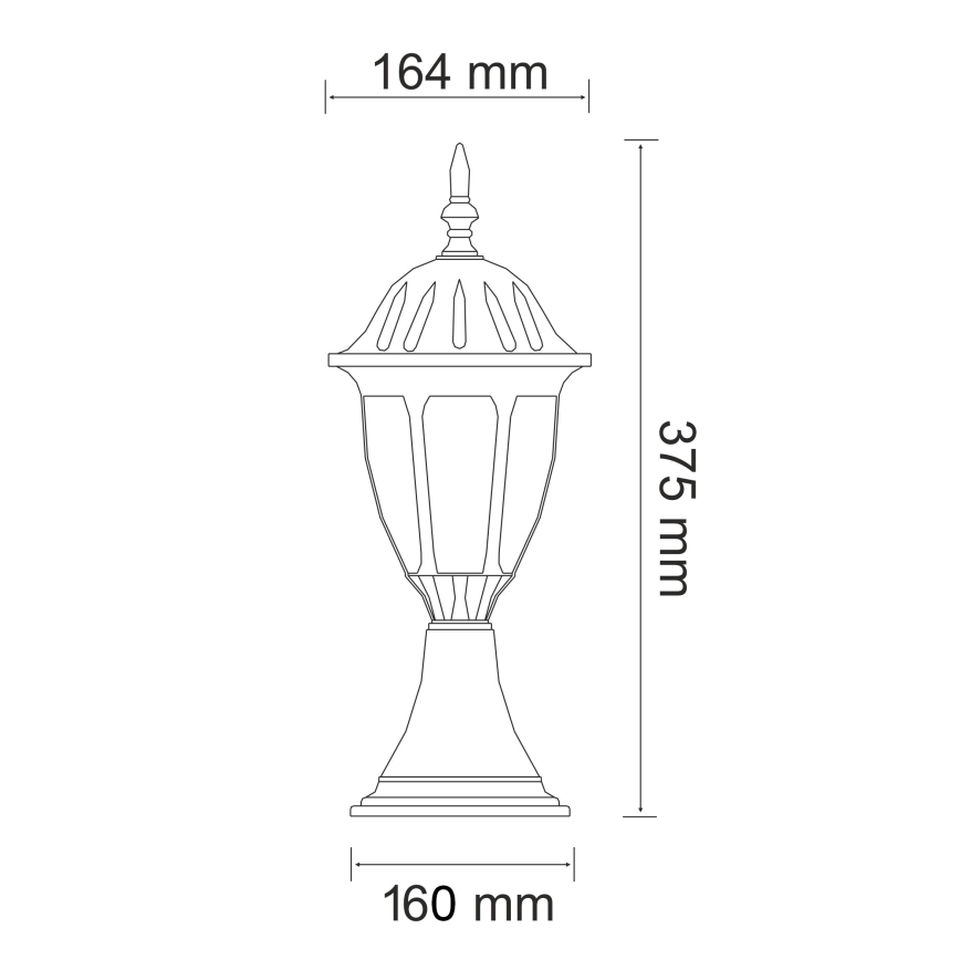 Lampáš s kupolovitou hlavicou a vysokým podstavcom, zobrazený s rozmermi: výška 375 mm, šírka 164 mm, priemer podstavca 160 mm.