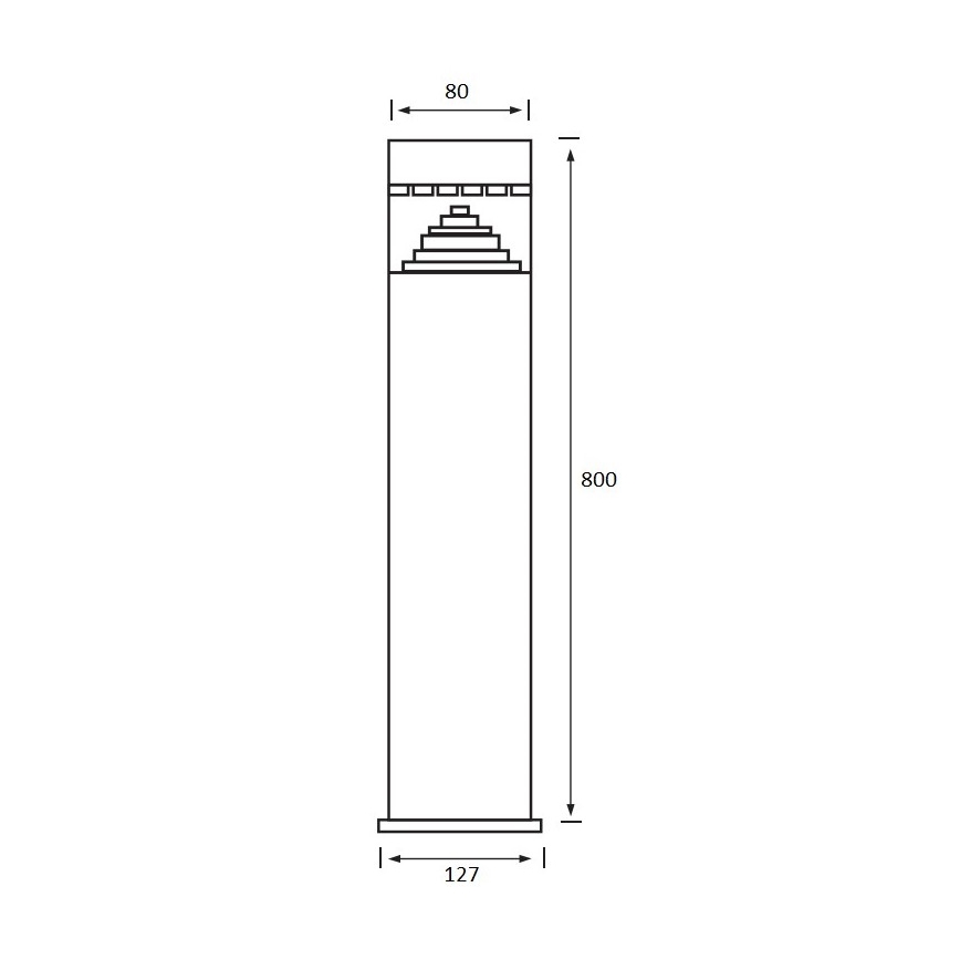 Technický výkres zobrazuje vysokú, štíhlu lampu s pyramídovým prvkom v hornej časti. Rozmery sú: výška 800 mm, horná časť 80 mm, spodná časť 127 mm.