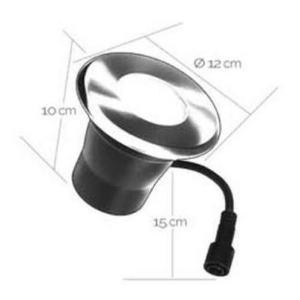 Zobrazené je zabudované LED svietidlo s priemerom 12 cm a výškou 15 cm, ktoré je pripojené káblom. Svietidlo má kovový kryt s priemerom vrchnej časti 12 cm a výškou spodnej časti 10 cm.