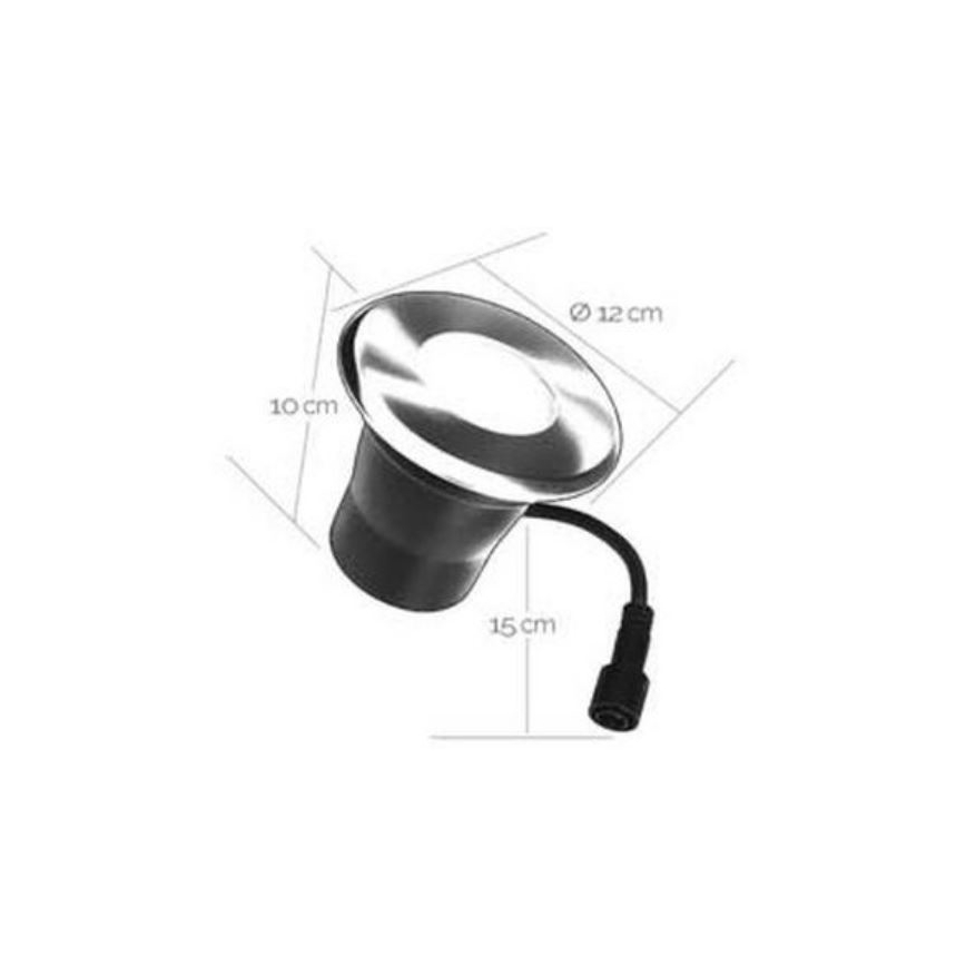 Zobrazené je zabudované LED svietidlo s priemerom 12 cm a výškou 15 cm, ktoré je pripojené káblom. Svietidlo má kovový kryt s priemerom vrchnej časti 12 cm a výškou spodnej časti 10 cm.