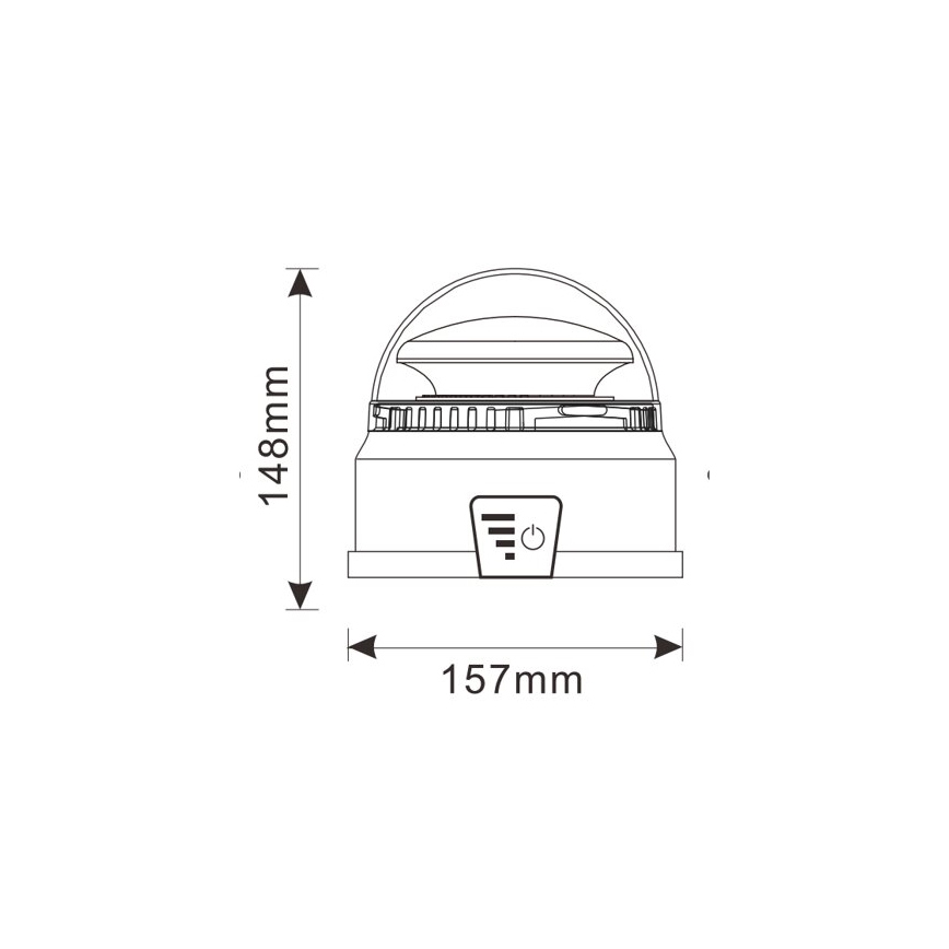 Bočné zobrazenie svetla s priehľadnou kopulou a spínačom. Rozmery: 148 mm (výška), 157 mm (šírka).