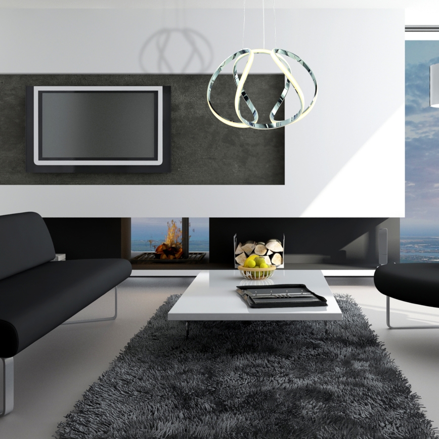 Svietidlo visí zo stropu. Skladá sa z troch prepletených chrómových kruhov s integrovaným LED osvetlením. Svetlo je teplej bielej farby.