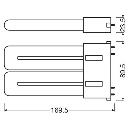 Dvojica lineárnych žiaroviek je znázornená s rozmermi: 169,5 mm (dĺžka), 89,5 mm (výška) a 23,5 mm (šírka jednej žiarovky). Technický výkres zobrazuje ich usporiadanie a rozmery.