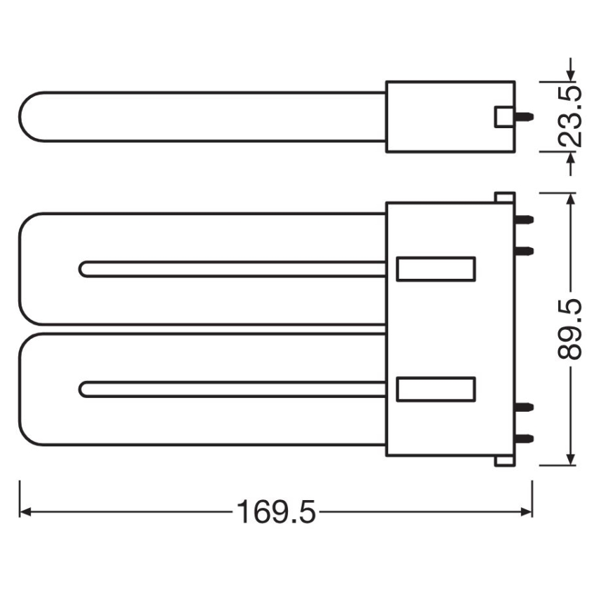 Dvojica lineárnych žiaroviek je znázornená s rozmermi: 169,5 mm (dĺžka), 89,5 mm (výška) a 23,5 mm (šírka jednej žiarovky). Technický výkres zobrazuje ich usporiadanie a rozmery.