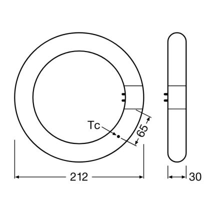Kruhová trubica s priemerom 212 mm a výškou 65 mm je zobrazená v dvoch pohľadoch. Jeden pohľad je zhora, druhý z boku. Na bočnom pohľade je šírka trubice 30 mm. Označenie Tc je uvedené na výkrese.
