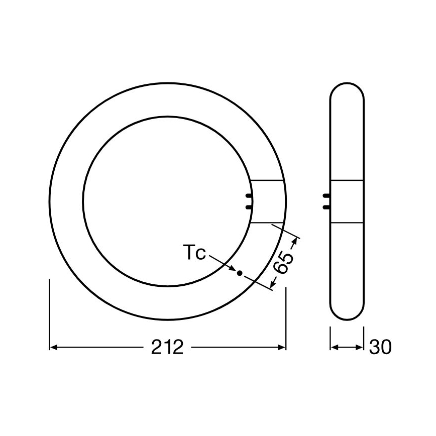 Technický výkres zobrazuje kruhovú žiarovku s rozmermi 212 x 65 mm a priemerom 30 mm. Je znázornený pohľad zboku aj zhora s vyznačením rozmerov. Označenie Tc ukazuje na bod na žiarovke.