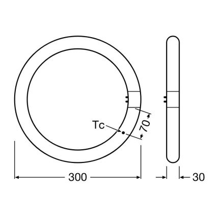Technický výkres kruhového profilu s vonkajším priemerom 300 a šírkou 30. Je zobrazený v pohľade spredu a z boku. Označenie Tc a rozmer 70+.