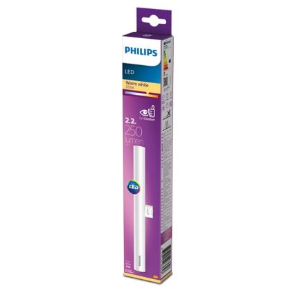 LED trubica Philips je zabalená v kartónovej škatuli. Škatuľa je fialovo-biela a zobrazuje údaje: LED, teplá biela (2700K), 2,2W, 250 lúmenov, EyeComfort.