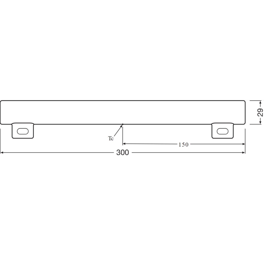 Dlhý, rovný profil s dvoma otvormi na koncoch, je zobrazený s rozmermi: 300 x 29 mm, s vnútorným rozmerom 150 mm. Rozmery sú v milimetroch.