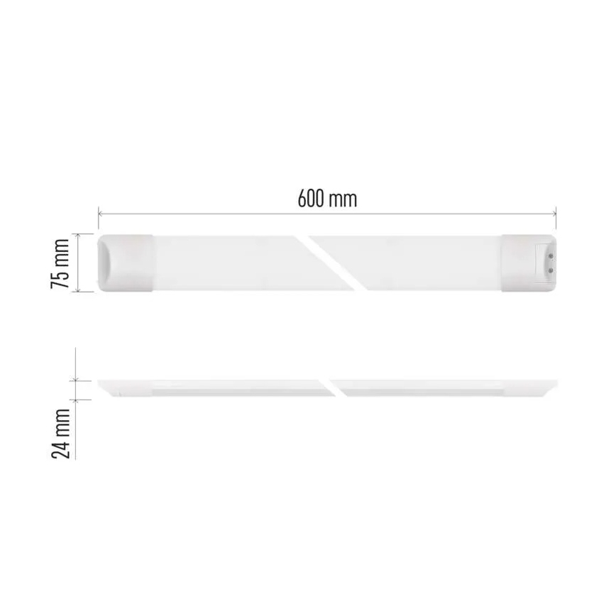 LED trubica, zobrazená zhora a zboku, má rozmery 600 mm x 75 mm x 24 mm. Je biela a má na koncoch kryty.