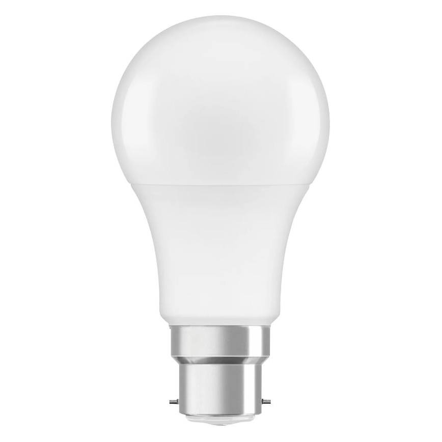 LED žiarovka s guľovitým sklom a kovovou päticou je zobrazená na bielom pozadí. Žiarovka je umiestnená vertikálne.