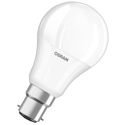 LED žiarovka Osram je zobrazená na bielom pozadí. Žiarovka je biela s kovovým, strieborným závitom. Na tele žiarovky je viditeľný nápis „OSRAM“.