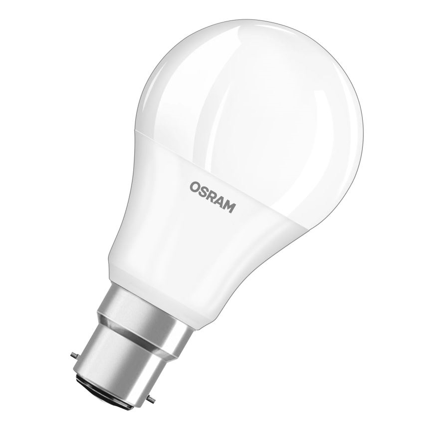 LED žiarovka Osram je zobrazená na bielom pozadí. Žiarovka je biela s kovovým, strieborným závitom. Na tele žiarovky je viditeľný nápis „OSRAM“.