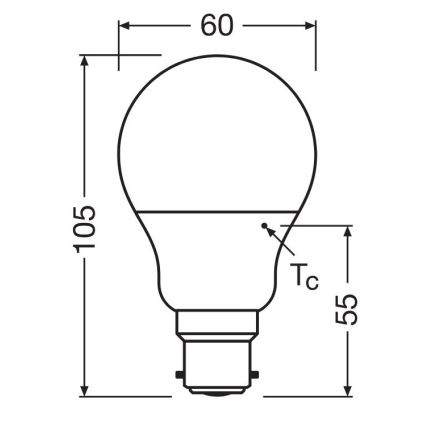 LED žiarovka s rozmermi 105 x 60 x 55 mm je znázornená v čiernobielej schéme s technickými údajmi. Žiarovka má guľovitý tvar s klasickým skrutkovacím závitom. Schéma zobrazuje jej rozmery.