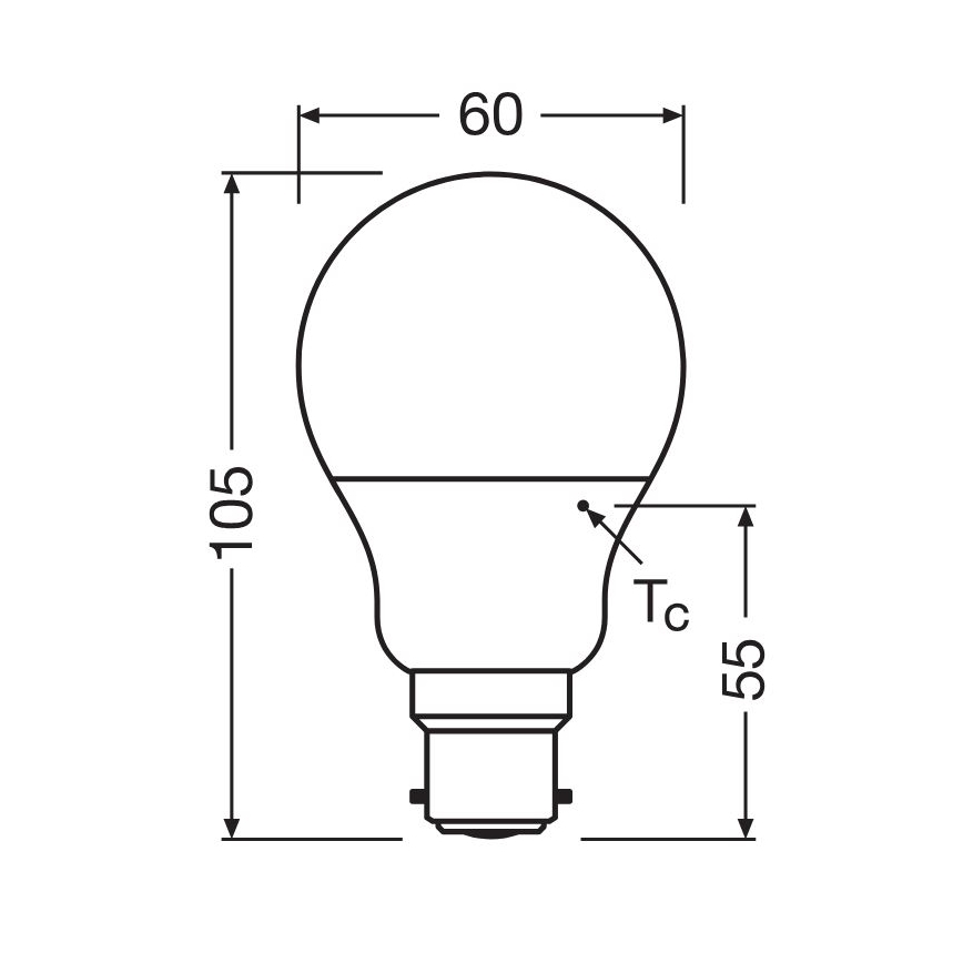 LED žiarovka s rozmermi 105 x 60 x 55 mm je znázornená v čiernobielej schéme s technickými údajmi. Žiarovka má guľovitý tvar s klasickým skrutkovacím závitom. Schéma zobrazuje jej rozmery.