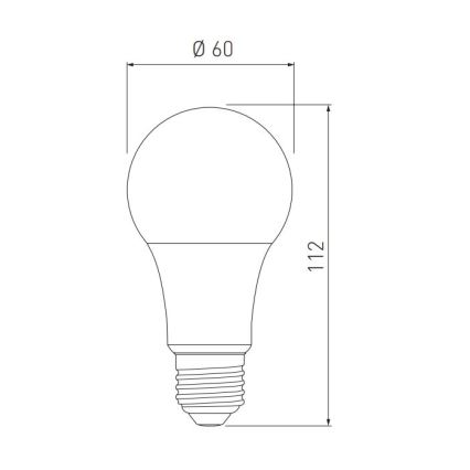 LED žiarovka s priemerom 60 mm a výškou 112 mm je znázornená v čiernobielej schéme s rozmermi.