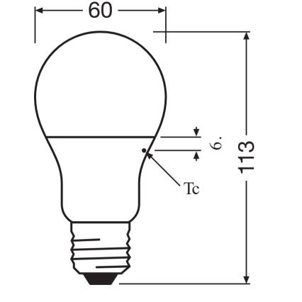 Žiarovka s rozmermi 60 mm v priemere a 113 mm na výšku je znázornená s technickým popisom Tc a 6 mm. Zobrazená je v čiernobielej schématickej kresbe.