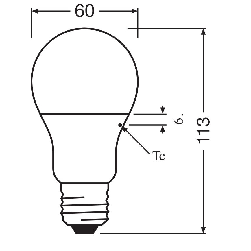 Žiarovka s rozmermi 60 mm v priemere a 113 mm na výšku je znázornená s technickým popisom Tc a 6 mm. Zobrazená je v čiernobielej schématickej kresbe.