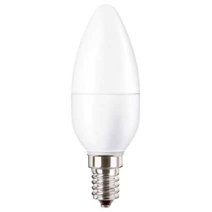 LED žiarovka tvaru sviečky s malým kovovýn závitom na spodku je zobrazená na bielom pozadí.