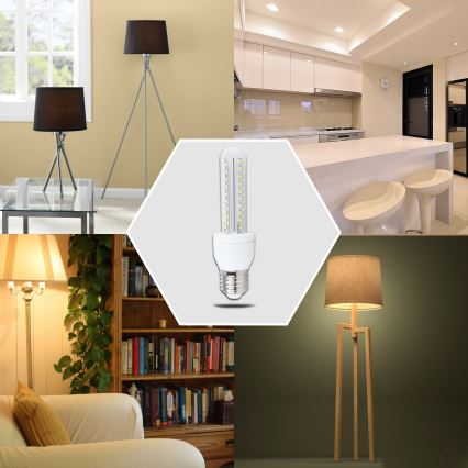 LED žiarovka s dvojitým radom diód svieti v rôznych interiéroch: obývacej izbe, kuchyni a spálni. Žiarovky sú zobrazené v stojacích lampách a nástenných svietidlách.