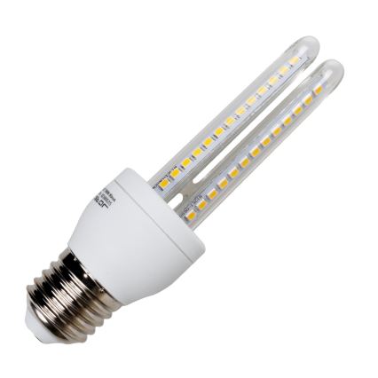 LED žiarovka s dvojitou trubicou a LED diódami svieti. Má biely plastový kryt a kovový skrutkový závit. Na kryte je text: 220V 50Hz E27  a nečitateľný text.