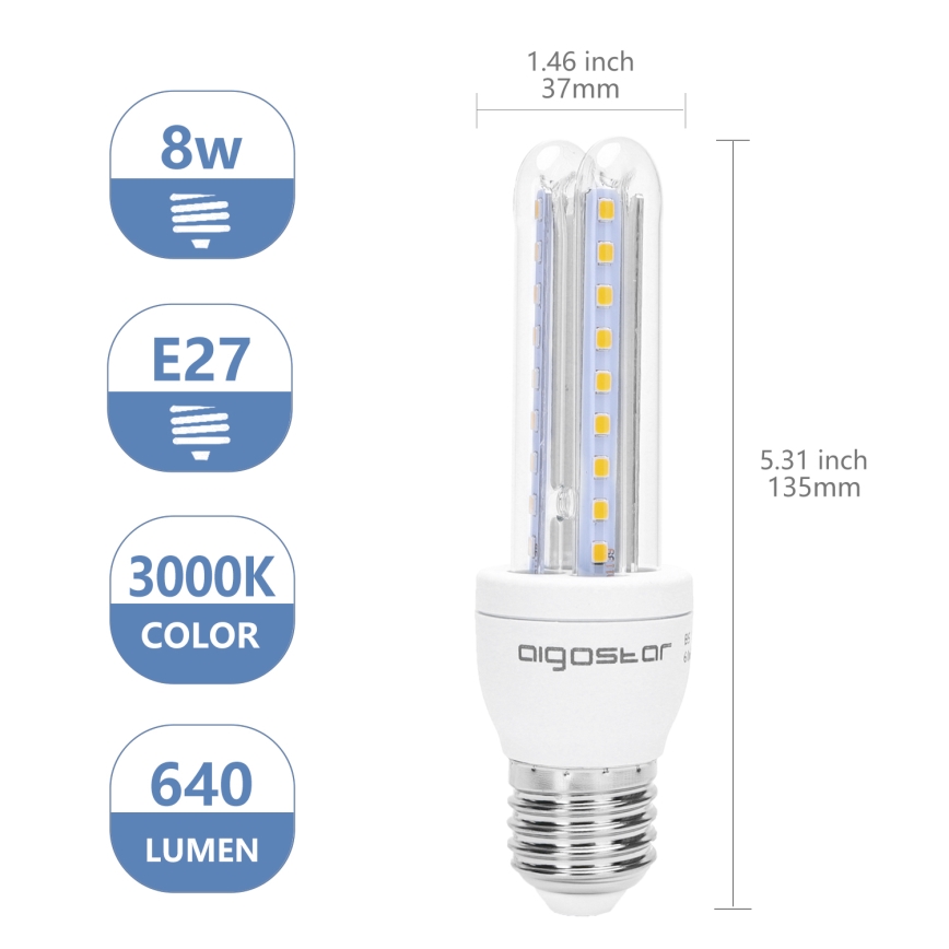 LED žiarovka s označením 8W, E27, 3000K (farba) a 640 lúmenov, je zobrazená s rozmermi 37mm x 135mm.