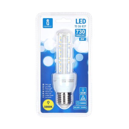 LED žiarovka T3 2U E27 s výkonom 8W a svetelným tokom 730 lúmenov (360°) je zabalená v plastovom obale. Žiarovka má 3000K farbu svetla a životnosť 15 000 hodín. Napätie 220-240V, 50/60Hz. Balenie obsahuje popis v niekoľkých jazykoch.